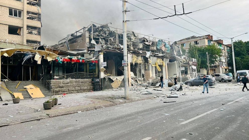 PHOTO: A photo released by the Ukrainian Presidential Press Service shows a building of a restaurant heavily damaged by a Russian missile strike, amid Russia's attack on Ukraine, in central Kramatorsk, Donetsk region, Ukraine June 27, 2023.