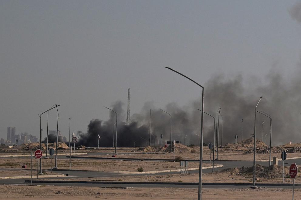 PHOTO: Smoke rises from a reported Iranian strike in the area where the U.S. Embassy is located in Kuwait City on March 2, 2026.
