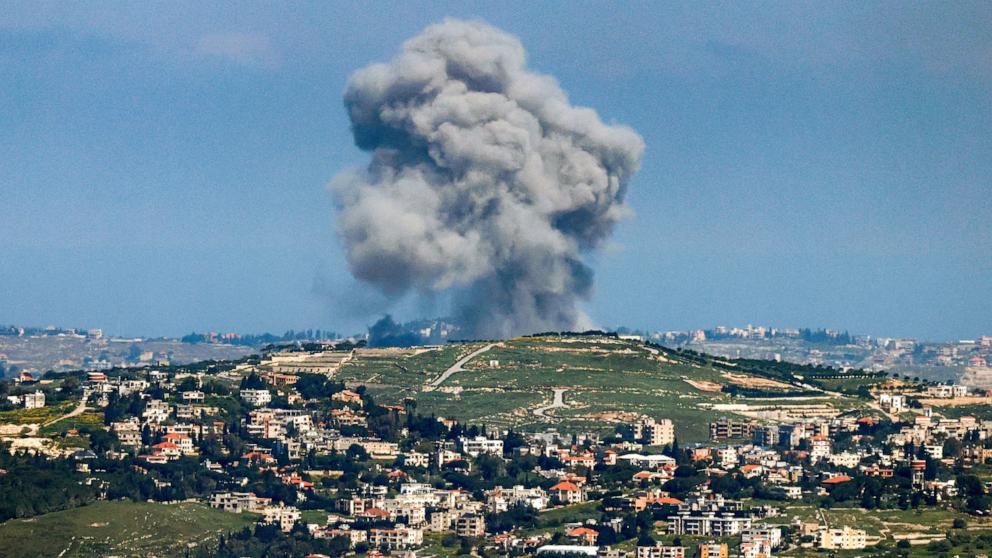 PHOTO: Smoke rises following Israeli bombardment in southern Lebanon as seen from a position across the border in the Upper Galilee in northern Israel on May 7, 2026.