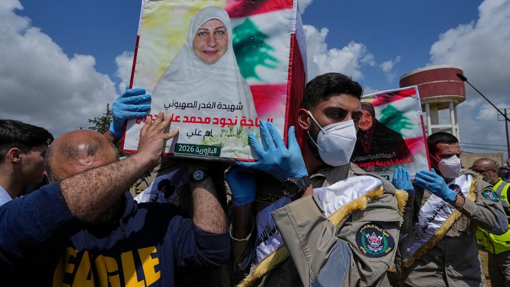 PHOTO: Mourners carry the coffins of civilians who were killed in the war between Hezbollah and Israel during a mass funeral in Bazouriyeh village, south Lebanon, on April 20, 2026.