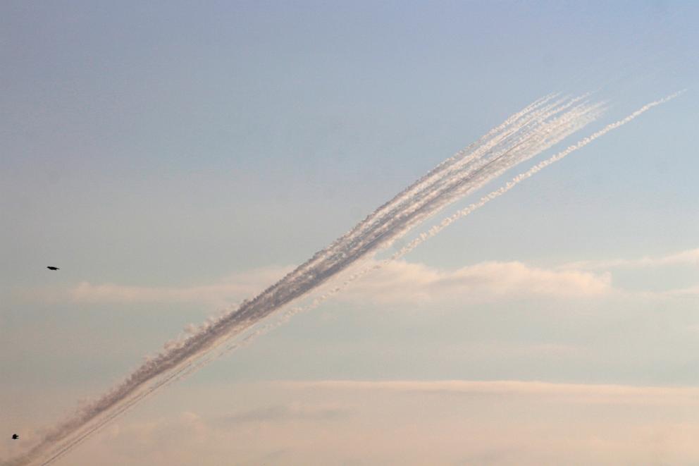 PHOTO: A photo taken from the southern Lebanese city of Tyre shows a series of rockets launched from Lebanon towards Israel on Oct. 17, 2024.