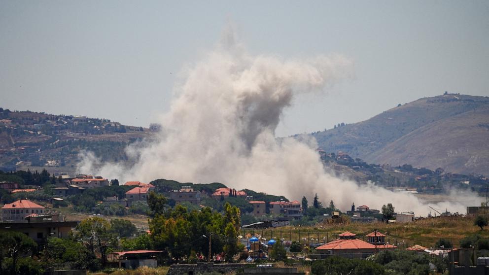 PHOTO: Smoke billows from the site of an Israeli strike in southern Lebanon, as seen from Nabatieh, on June 4, 2026.