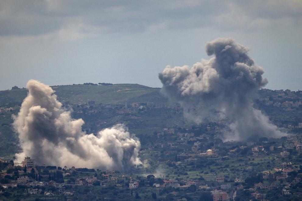 PHOTO: Smoke rises following explosions in southern Lebanon on April 28, 2026.