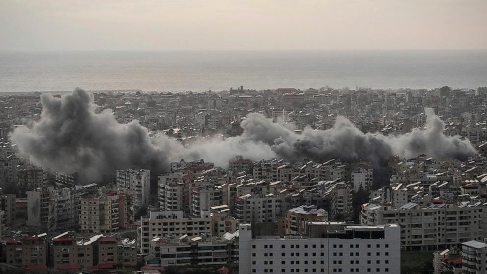 PHOTO: Smoke rise from Israeli airstrikes in Dahiyeh, Beirut, Sunday, Nov. 24, 2024