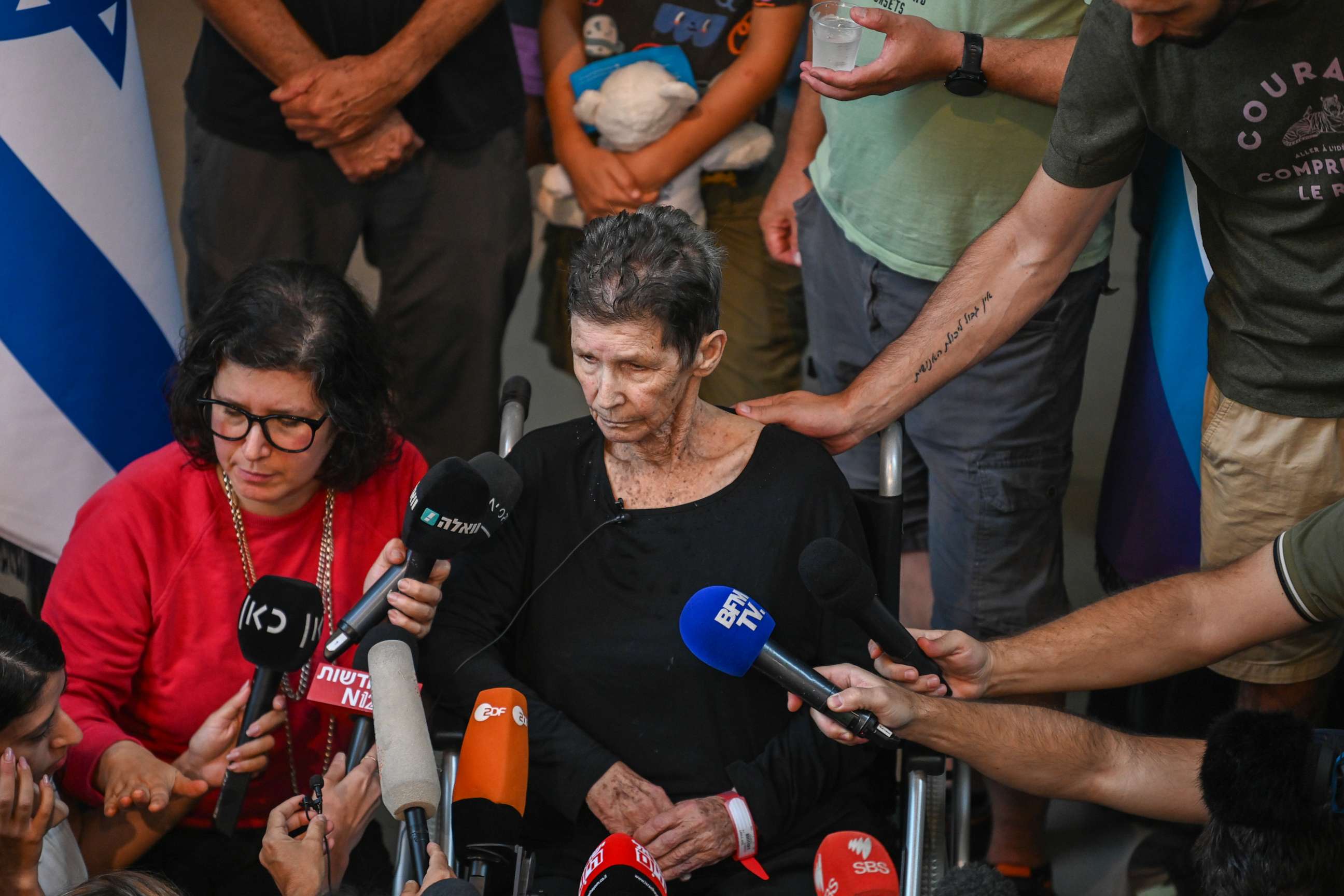 PHOTO: Yocheved Lifshitz speaks to the media alongside her daughter Sharone Lifschitz, left, at Ichilov Hospital after she was released by Hamas last night, on October 24, 2023 in Tel Aviv, Israel.