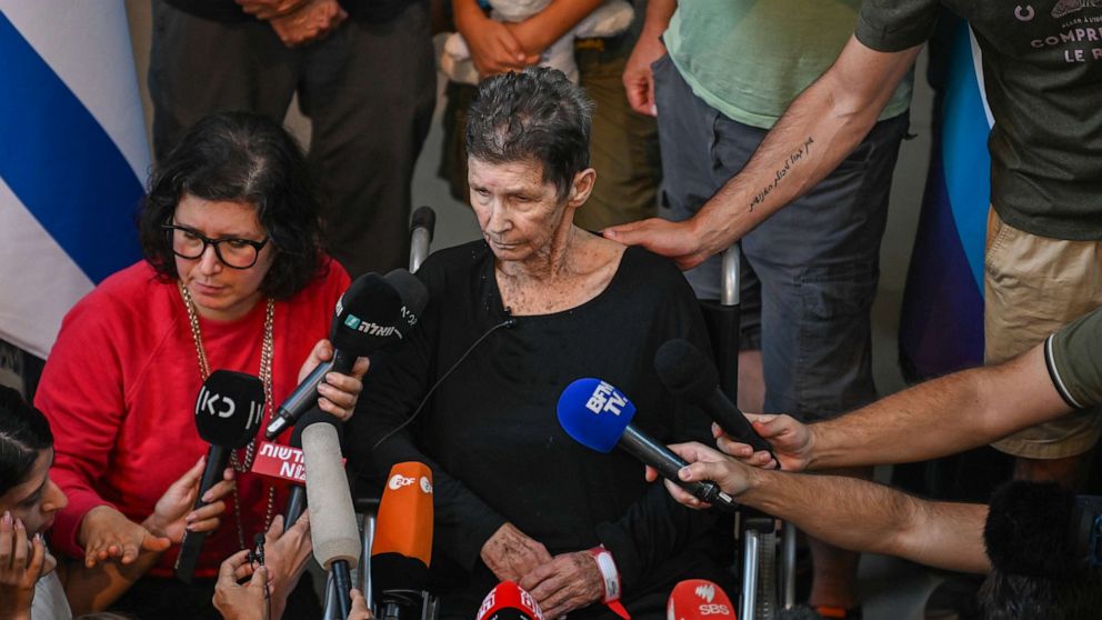 PHOTO: Yocheved Lifshitz speaks to the media alongside her daughter Sharone Lifschitz, left, at Ichilov Hospital after she was released by Hamas last night, on October 24, 2023 in Tel Aviv, Israel.