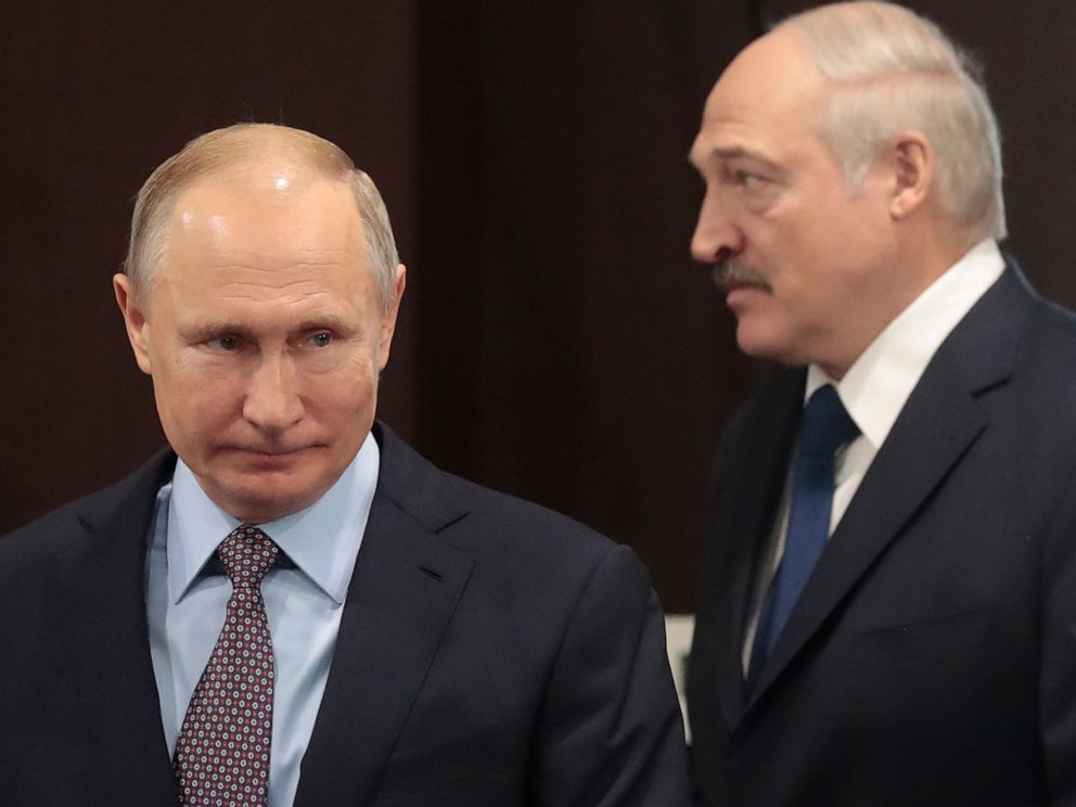 PHOTO: FILE- In this file photo taken on Friday, Feb. 15, 2019, Russian President Vladimir Putin, left, and Belarusian President Alexander Lukashenko meet in the Black sea resort of Sochi, Russia.  