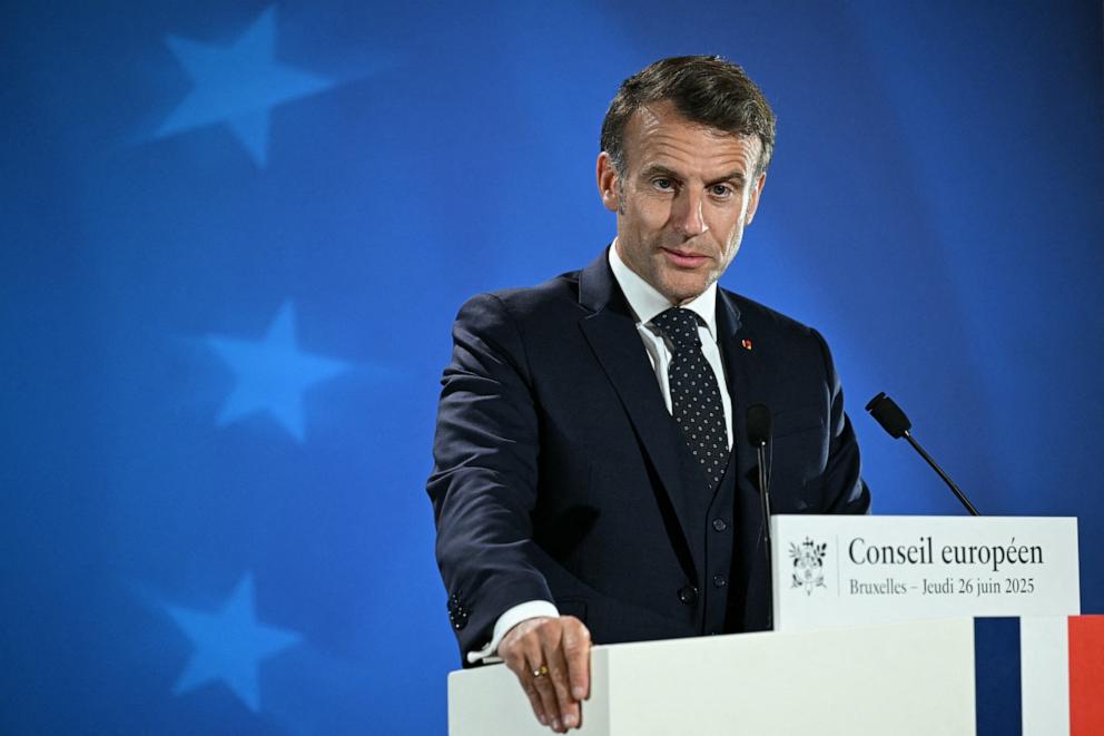 PHOTO: France's President Emmanuel Macron holds a press conference at the European Council in Brussels, Belgium, on June 26, 2025.