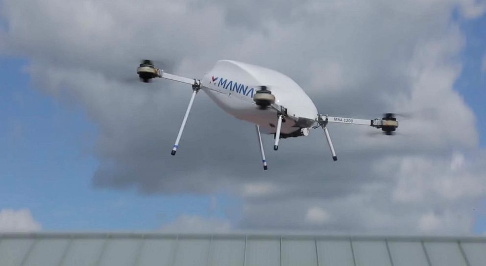 PHOTO: A delivery drone from the Irish company Manna flying during a test program in the town of Oranmore in west Ireland
