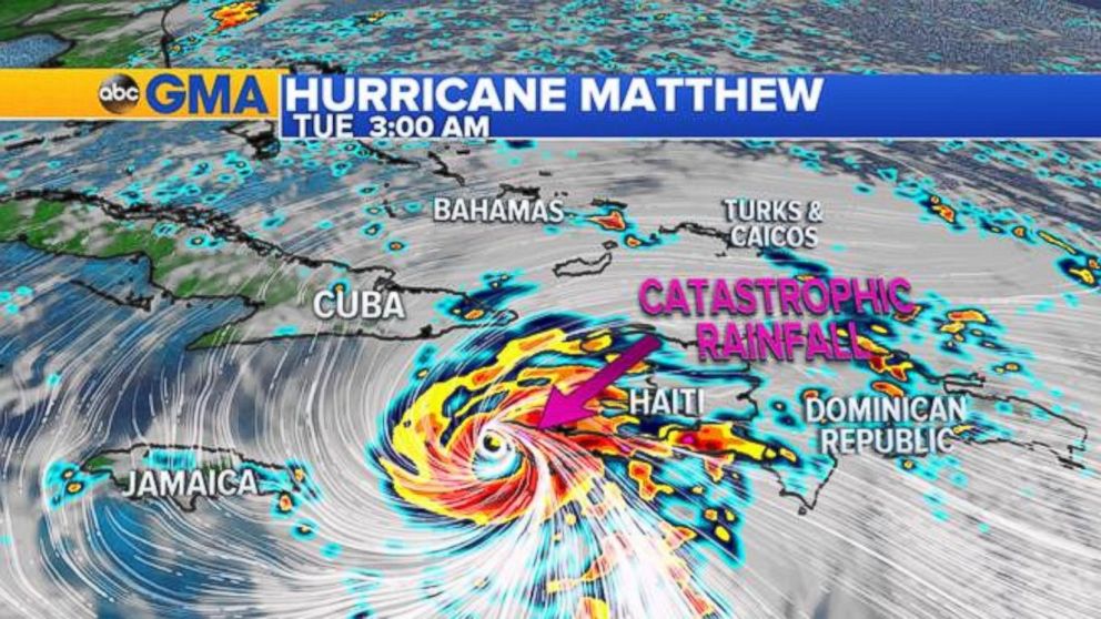 PHOTO: Hurricane Matthew threatened catastrophic flash flooding with up to 40 inches of rain forecast in spots on October 3, 2016. 