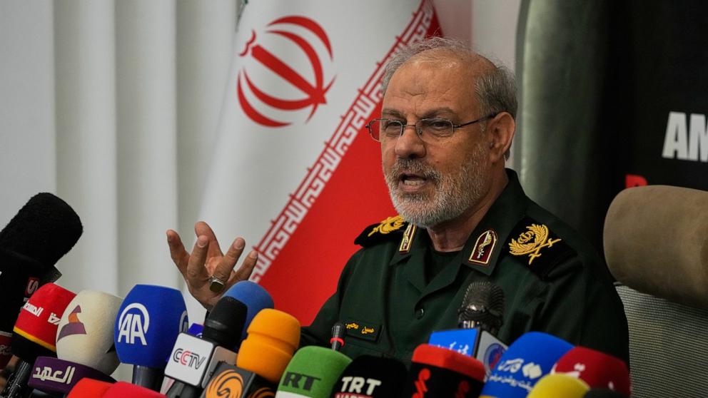 PHOTO: Iran's Islamic Revolutionary Guard Corps spokesman Gen. Hossein Mohebbi speaks during a news conference in Tehran, Iran, on Sept. 29, 2026.