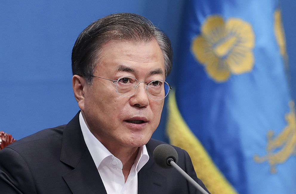 PHOTO: South Korean President Moon Jae-in attends the meeting regarding the Japan's decision to remove South Korea from a "whitelist" of favored export partners at Presidential Blue House on Aug. 2, 2019 in Seoul.