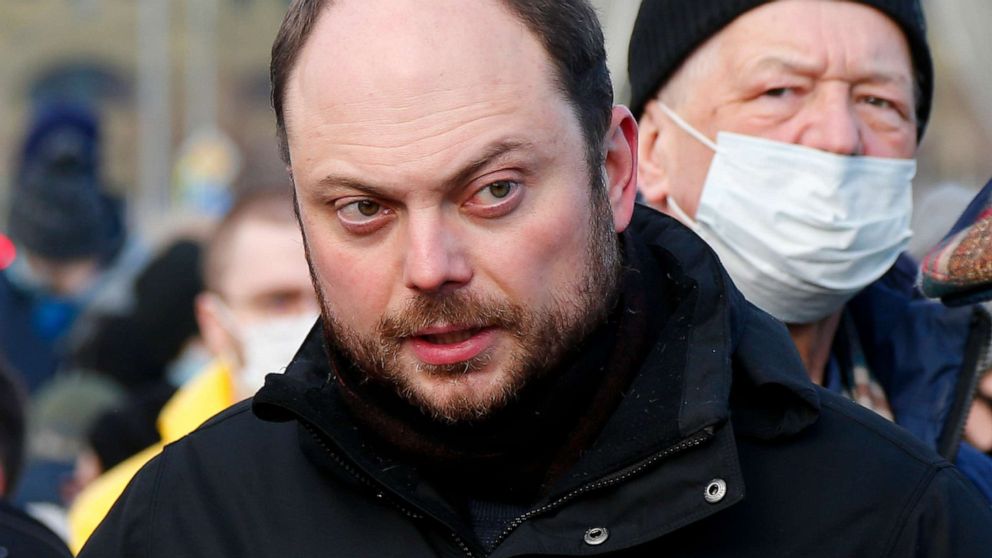 PHOTO: Vladimir Kara-Murza, Russian opposition activist, arrives to lay flowers near the place where Russian opposition leader Boris Nemtsov was gunned down, in Moscow, Feb. 27, 2021.