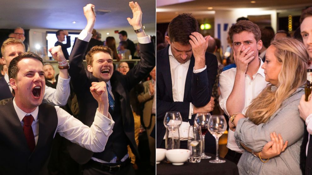 Supporters of the Leave campaign celebrate at the at a party in London, june 24, 2016. | Supporters of the Stronger In Campaign react as results of the EU referendum are announced at the Royal Festival Hall, June 24, 2016, in London.