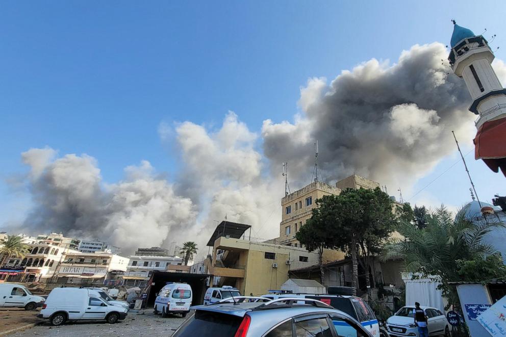 PHOTO: Smoke billows during Israeli airstrikes in the southern Lebanese city of Nabatieh on Oct. 16, 2024.