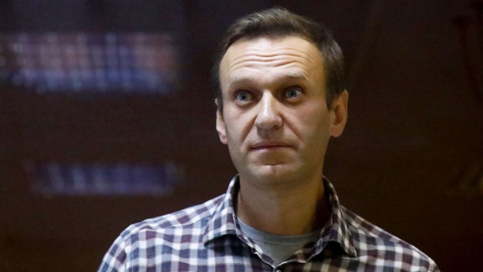 PHOTO:Russian opposition leader Alexei Navalny stands in a cage in the Babuskinsky District Court in Moscow, Feb. 20, 2021. 