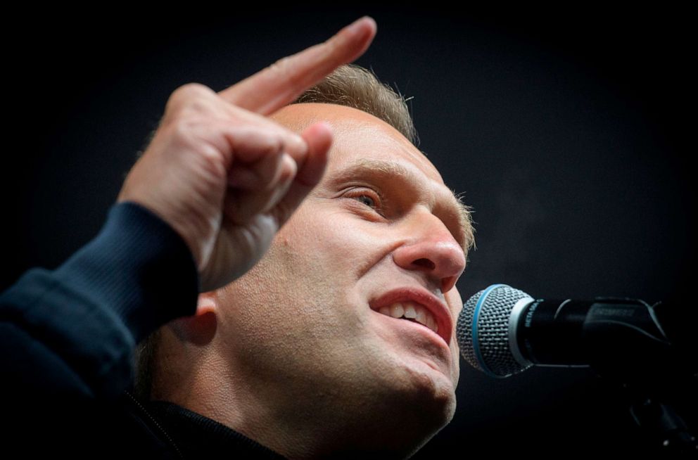 PHOTO: (FILES) In this file photo taken on September 29, 2019 Russian opposition leader Alexei Navalny speaks during a demonstration in Moscow. 