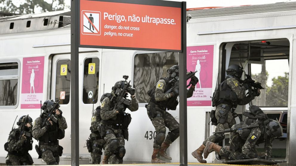 Soldiers take part in an anti-terror exercise at the Deodoro train station in Rio de Janeiro, Brazil, July 16, 2016, just weeks before the Summer Olympics are set to begin. 