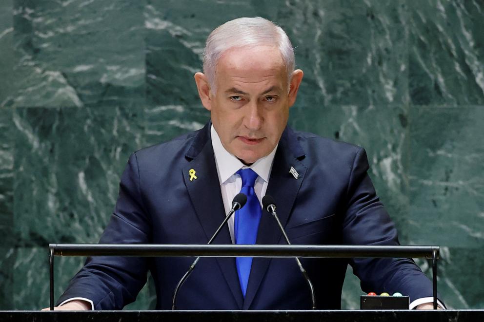 PHOTO: Israeli Prime Minister Benjamin Netanyahu addresses the United Nations General Assembly at U.N. headquarters in New York, on Sept. 27, 2024.