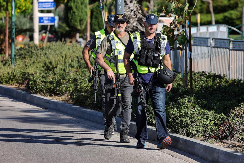 PHOTO: Israeli security forces gather on a street leading to Prime Minister Benjamin Netanyahu's residence in Caesarea on Oct. 19, 2024.