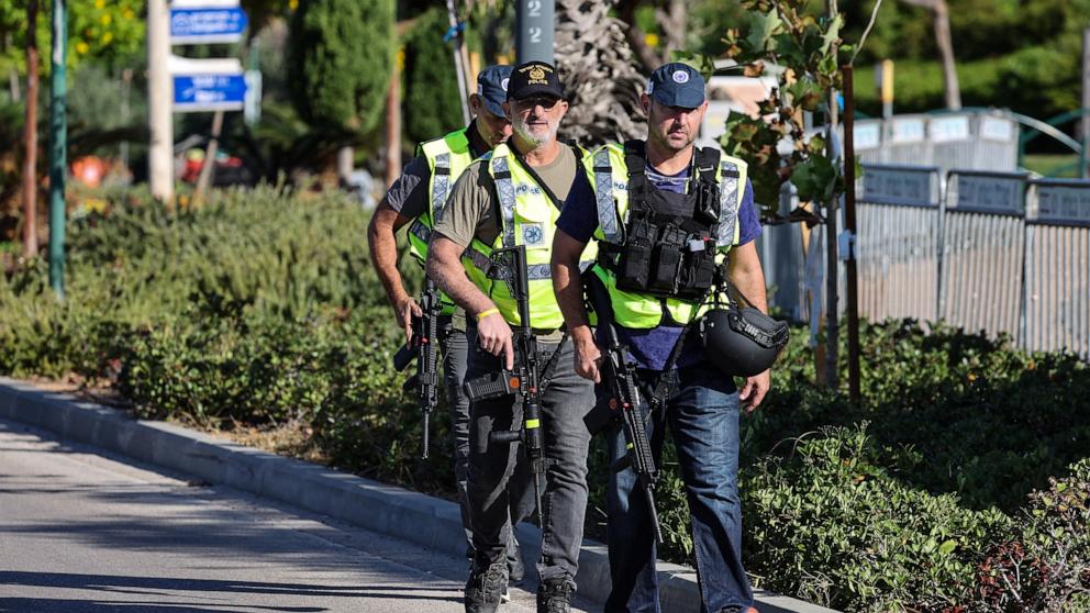 PHOTO: Israeli security forces gather on a street leading to Prime Minister Benjamin Netanyahu's residence in Caesarea on Oct. 19, 2024.