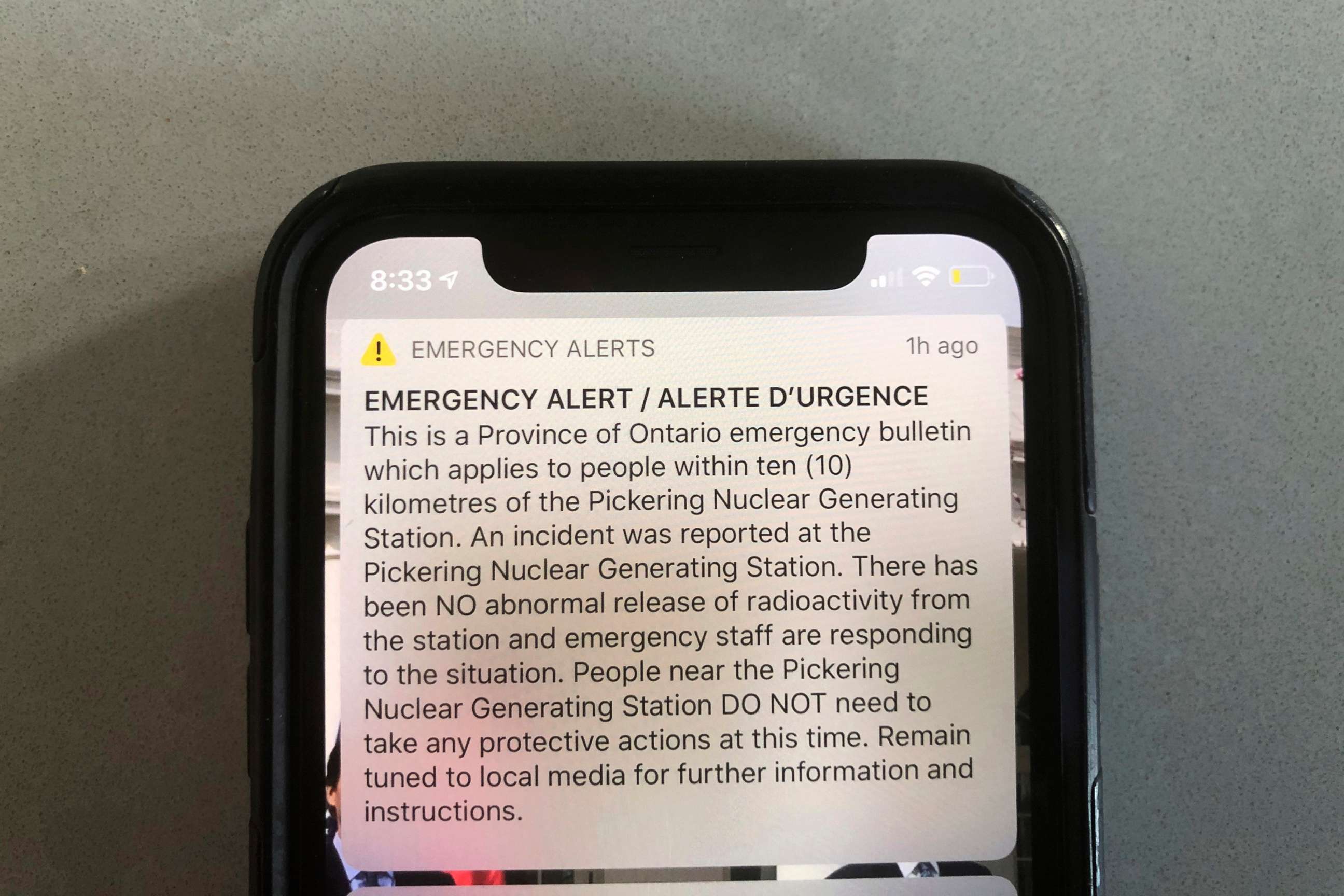 PHOTO: An emergency alert issued by the Canadian province of Ontario reporting an unspecified "incident" at a nuclear plant is shown on a smartphone, Jan. 12, 2020. Ontario Power Generation later sent a message saying the alert "was sent in error."  