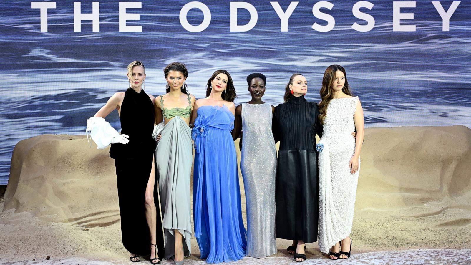 PHOTO: L-R: Charlize Theron, Zendaya, Anne Hathaway, Lupita Nyong'o, Samantha Morton and Mia Goth attend the world premiere of "The Odyssey" July 6, 2026 in London.