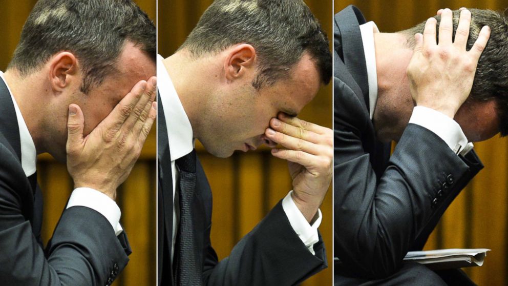 Oscar Pistorius reacts to testimony on the fifth day of his trial at the high court in Pretoria, South Africa, Friday, March 7, 2014.