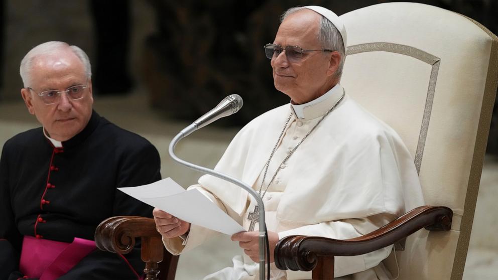 PHOTO: Pope Leo XIV meets members of the international media in the Paul VI Hall at the Vatican, on May 13, 2025.