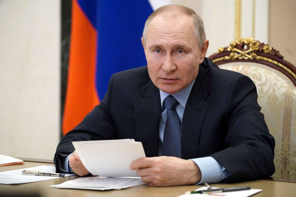 PHOTO: Russian President Vladimir Putin attends a meeting via video conference in Moscow, March 2, 2021.
