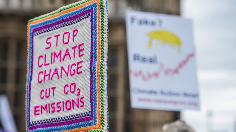 PHOTO: One of the many signs that protesters carried during a climate change demonstration held in London, England, April 19, 2017.