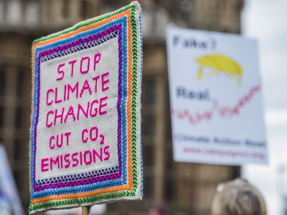 PHOTO: One of the many signs that protesters carried during a climate change demonstration held in London, England, April 19, 2017.