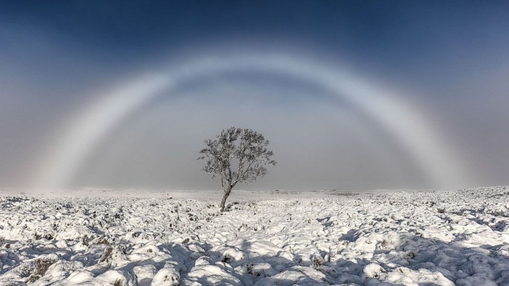 PHOTO: Photographer Melvin Nicholson captured a rare white 'fog bow' rainbow, in Rannoch, Scotland, Nov. 20, 2016.
