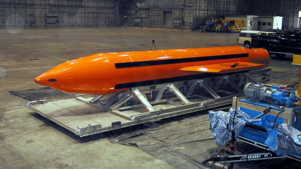 A Massive Ordnance Air Blast (MOAB) weapon is prepared for testing at
the Eglin Air Force Armament Center, on March 11, 2003.
