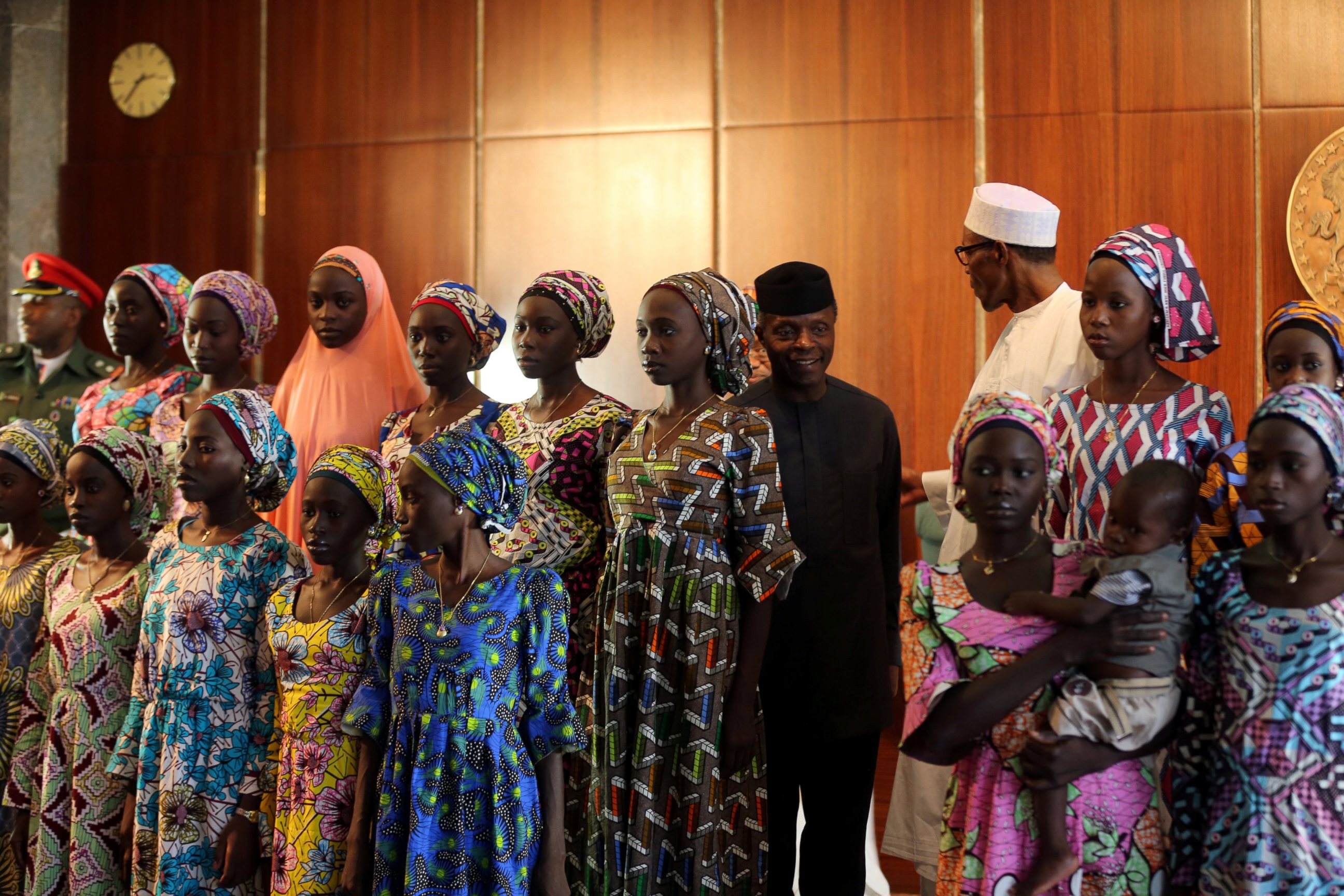 PHOTO: Some of the 21 Chibok schoolgirls released by Boko Haram look on during their visit to meet President Muhammadu Buhari In Abuja, Nigeria, Oct. 19, 2016. 