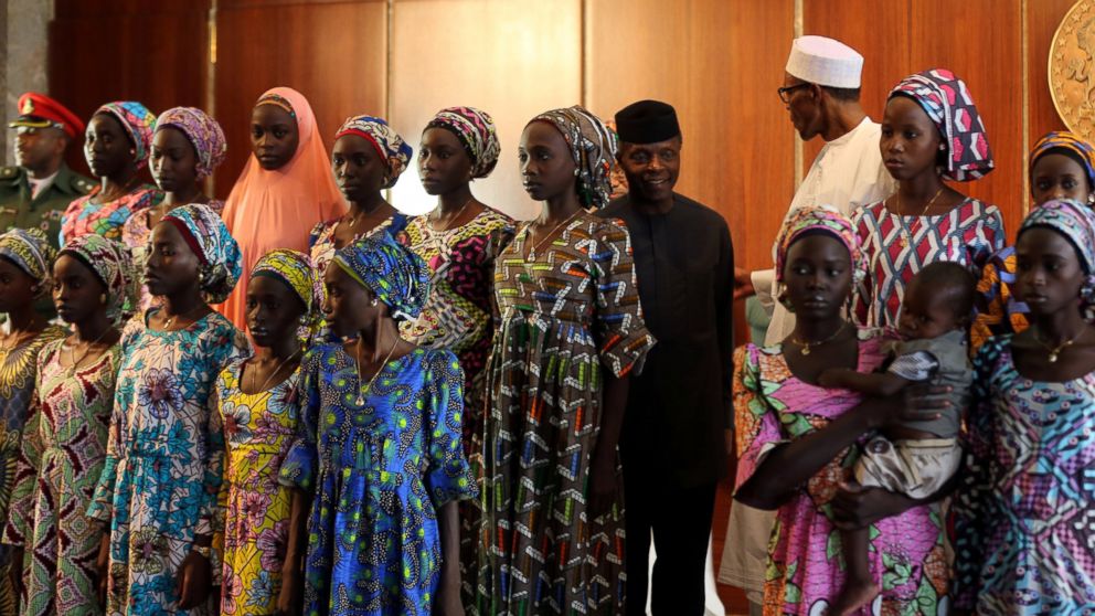 PHOTO: Some of the 21 Chibok schoolgirls released by Boko Haram look on during their visit to meet President Muhammadu Buhari In Abuja, Nigeria, Oct. 19, 2016.