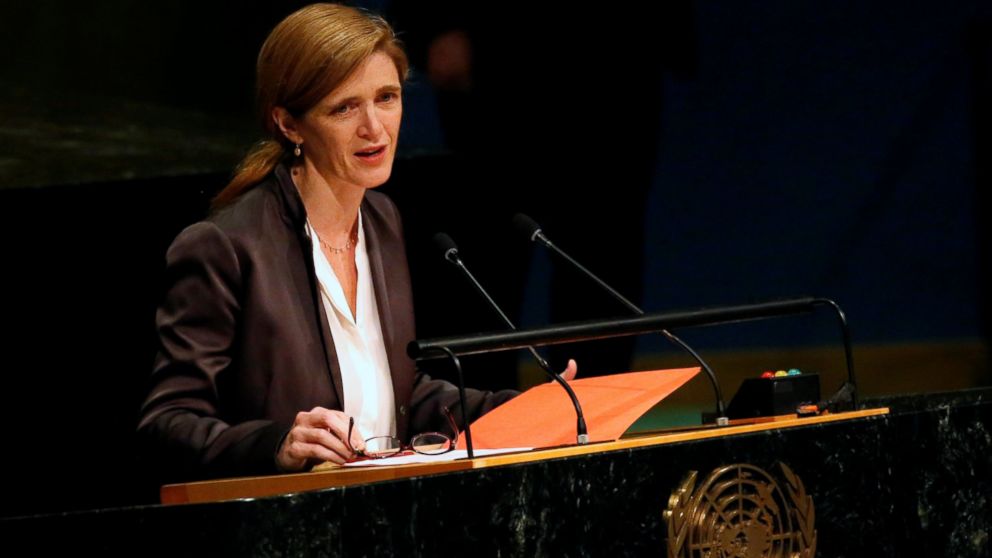 PHOTO: United States Ambassador to the United Nations, Samantha Power, speaks during a tribute to the late King of Thailand Bhumibol Adulyadej in the General Assembly at United Nations headquarters in New York, on Oct. 28, 2016, in New York City.