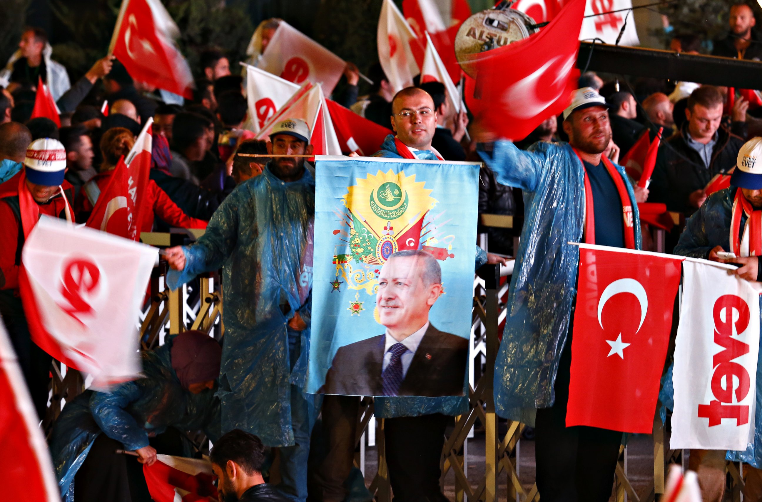 PHOTO: Supporters of the conservative AK party, founded by Turkish President Recep Tayyip Erdogan, celebrate victory in the referendum vote to amend the country's constitution, April 16, 2017, in Ankara, Turkey. 
