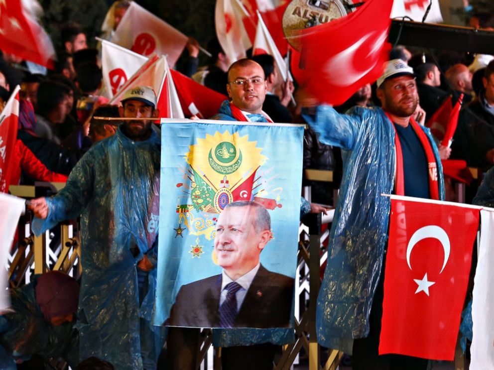 PHOTO: Supporters of the conservative AK party, founded by Turkish President Recep Tayyip Erdogan, celebrate victory in the referendum vote to amend the countrys constitution, April 16, 2017, in Ankara, Turkey.