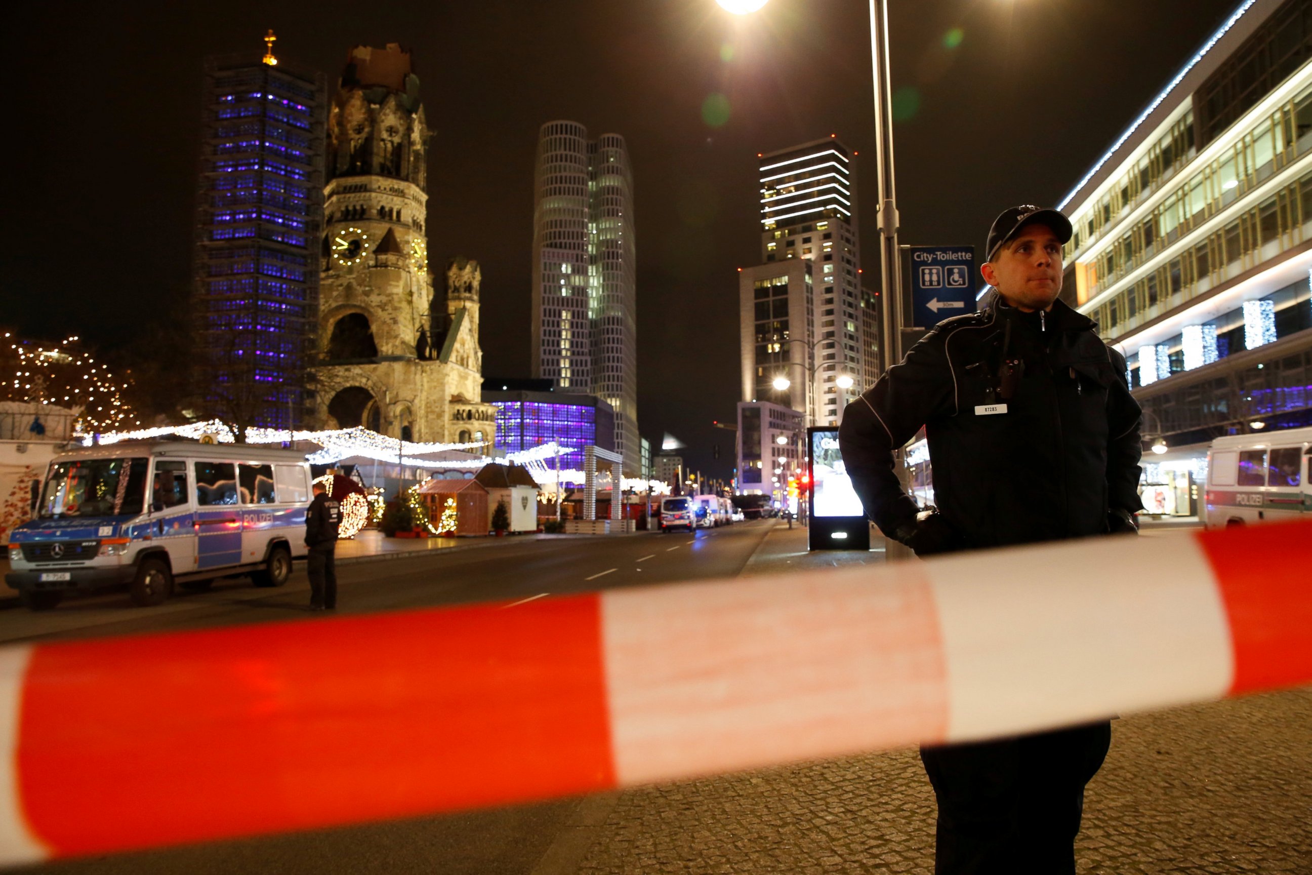 PHOTO: Police secures the area at the site of an accident at a Christmas market on Breitscheidplatz square near the fashionable Kurfuerstendamm avenue in the west of Berlin, Dec. 19, 2016.