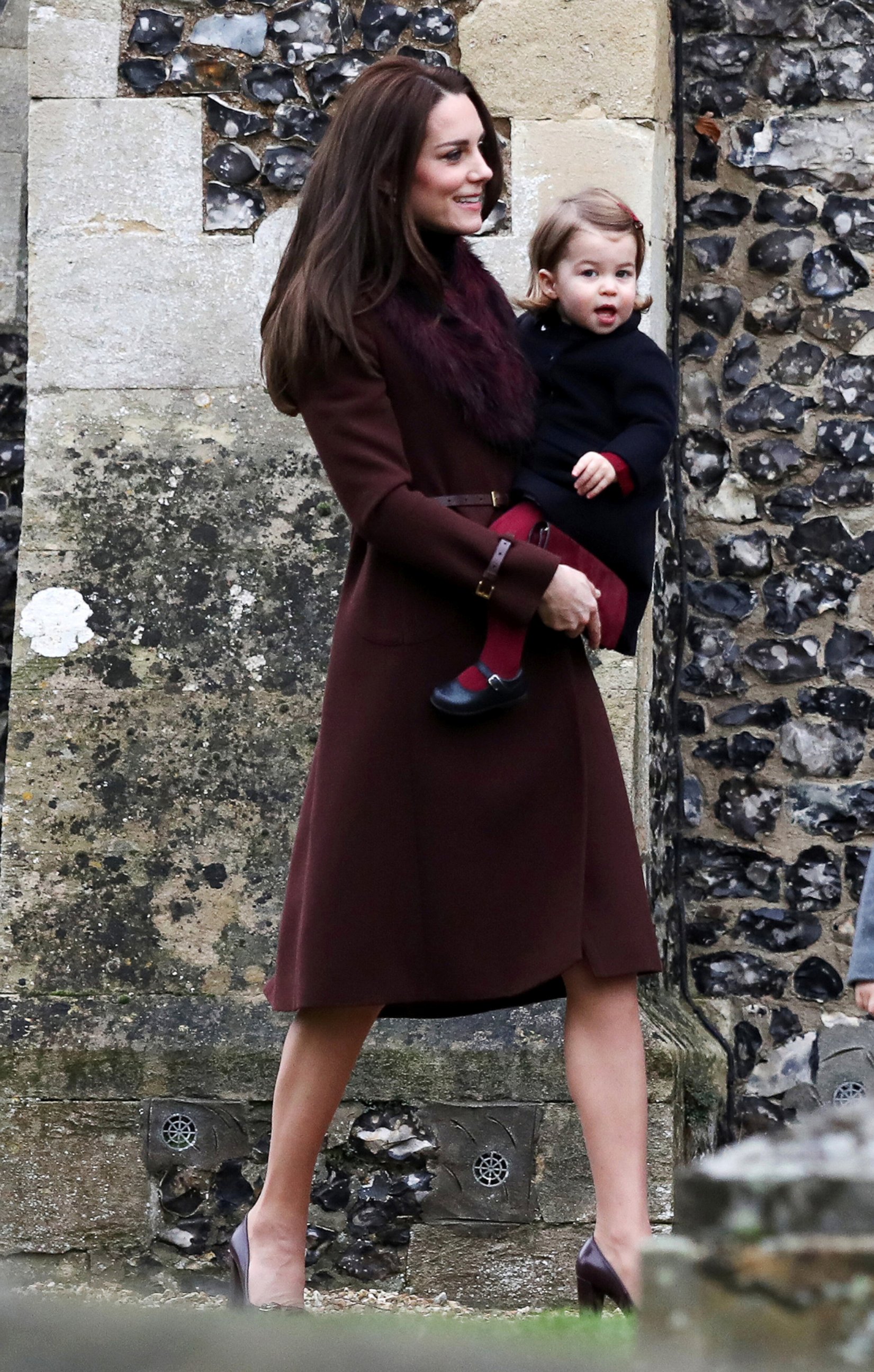 PHOTO: Catherine, The Duchess of Cambridge and Princess Charlotte arrive to attend the morning Christmas Day service at St Mark's Church in Englefield, near Bucklebury in southern England, Dec. 25, 2016. 