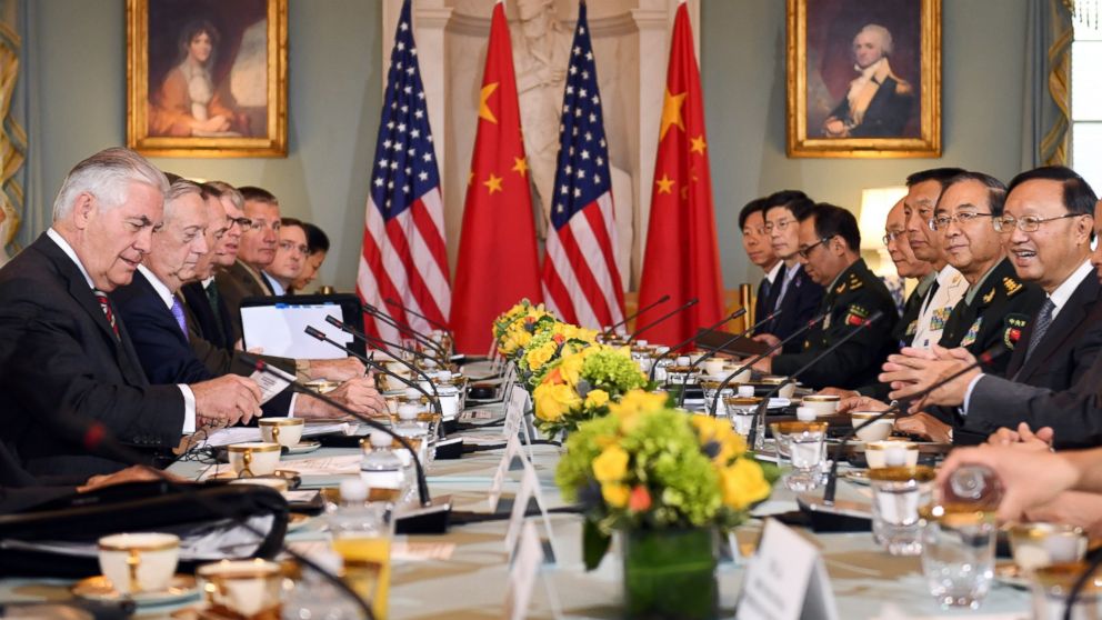 Chinese State Councilor Yang Jiechi (1st R) co-chairs a diplomatic and security dialogue with Secretary of State Rex Tillerson (1st L) and Secretary of Defense James Mattis (2nd L) in Washington, June 21, 2017. 