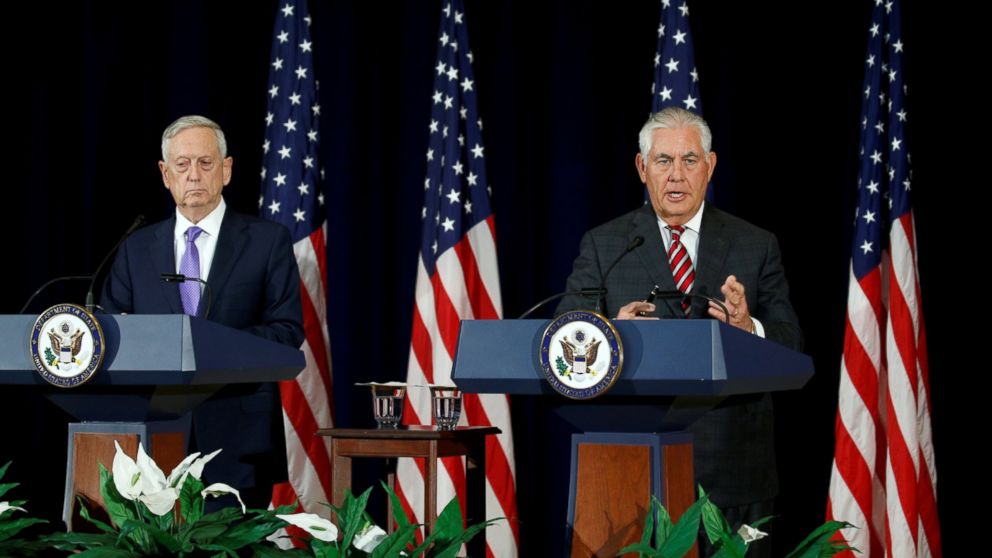 PHOTO: Secretary of Defense James Mattis and Secretary of State Rex Tillerson hold a press conference at the State Department in Washington, June 21, 2017.