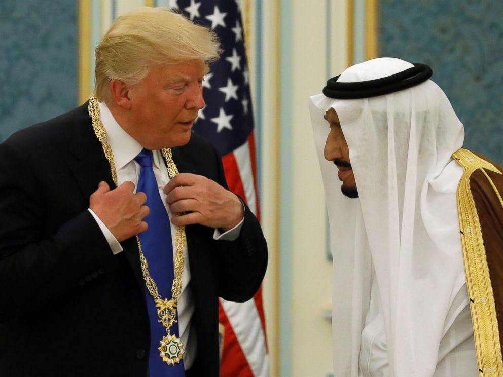 PHOTO: Saudi Arabias King Salman bin Abdulaziz Al Saud (R) presents President Donald Trump with the Collar of Abdulaziz Al Saud Medal at the Royal Court in Riyadh, Saudi Arabia, May 20, 2017.