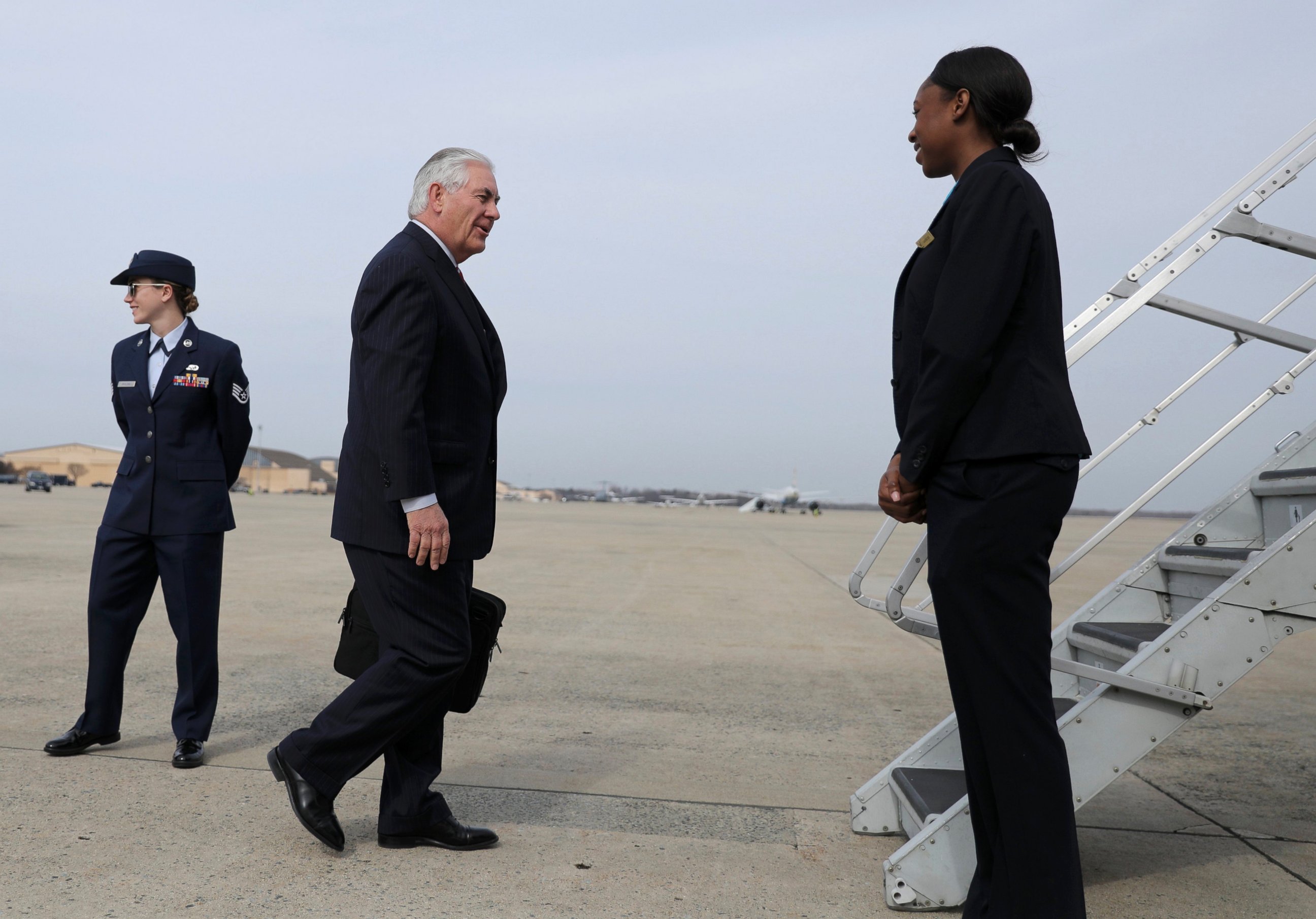 PHOTO: Secretary of State Rex Tillerson boards his aircraft prior to departing for Mexico from Joint Base Andrews, Maryland, Feb. 22, 2017. 