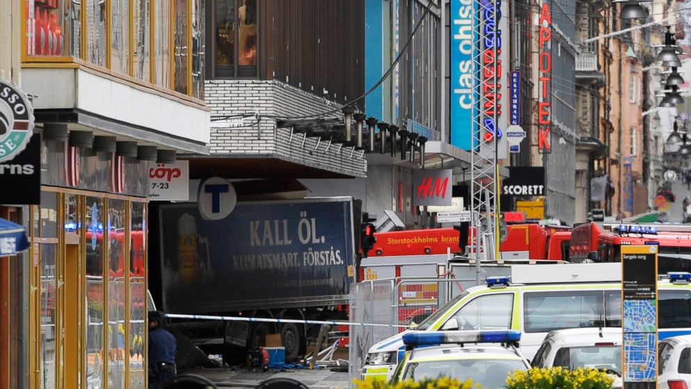 PHOTO: Swedish police and emergency services gather at the site where a truck reportedly crashed into a department store in central Stockholm, Sweden, April 7, 2017.