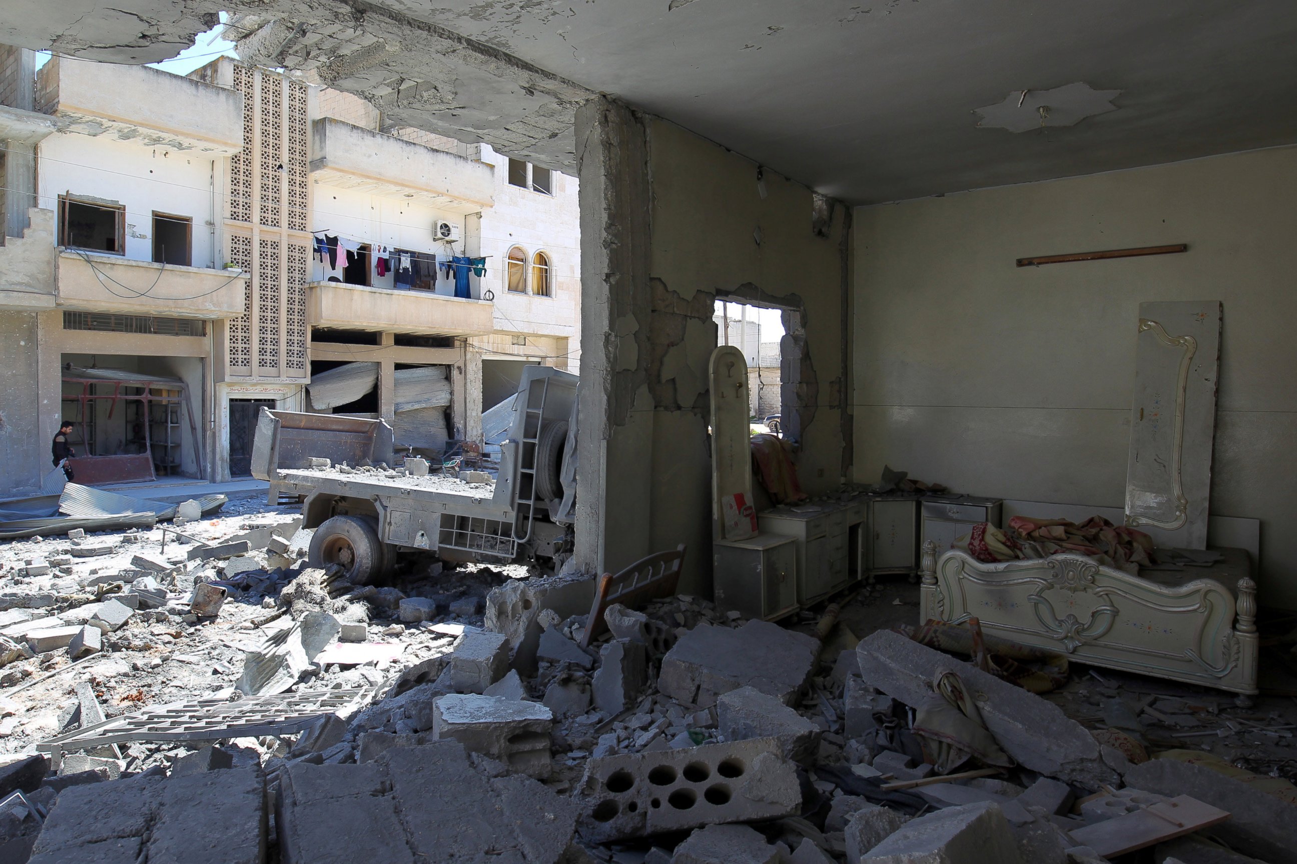 PHOTO: A general view shows damage at a site hit by airstrikes on Tuesday in the town of Khan Sheikhoun in rebel-held Idlib, Syria April 5, 2017. 