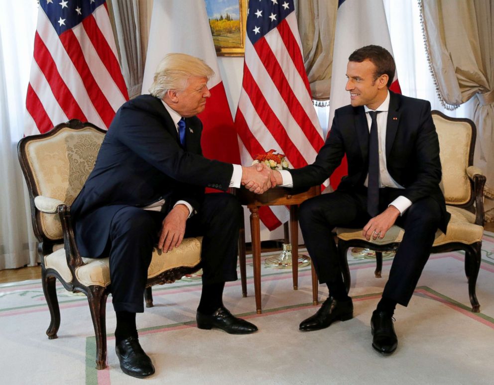 PHOTO: President Donald Trump and French President Emmanuel Macron shake hands before a lunch ahead of a NATO Summit in Brussels, Belgium, May 25, 2017.