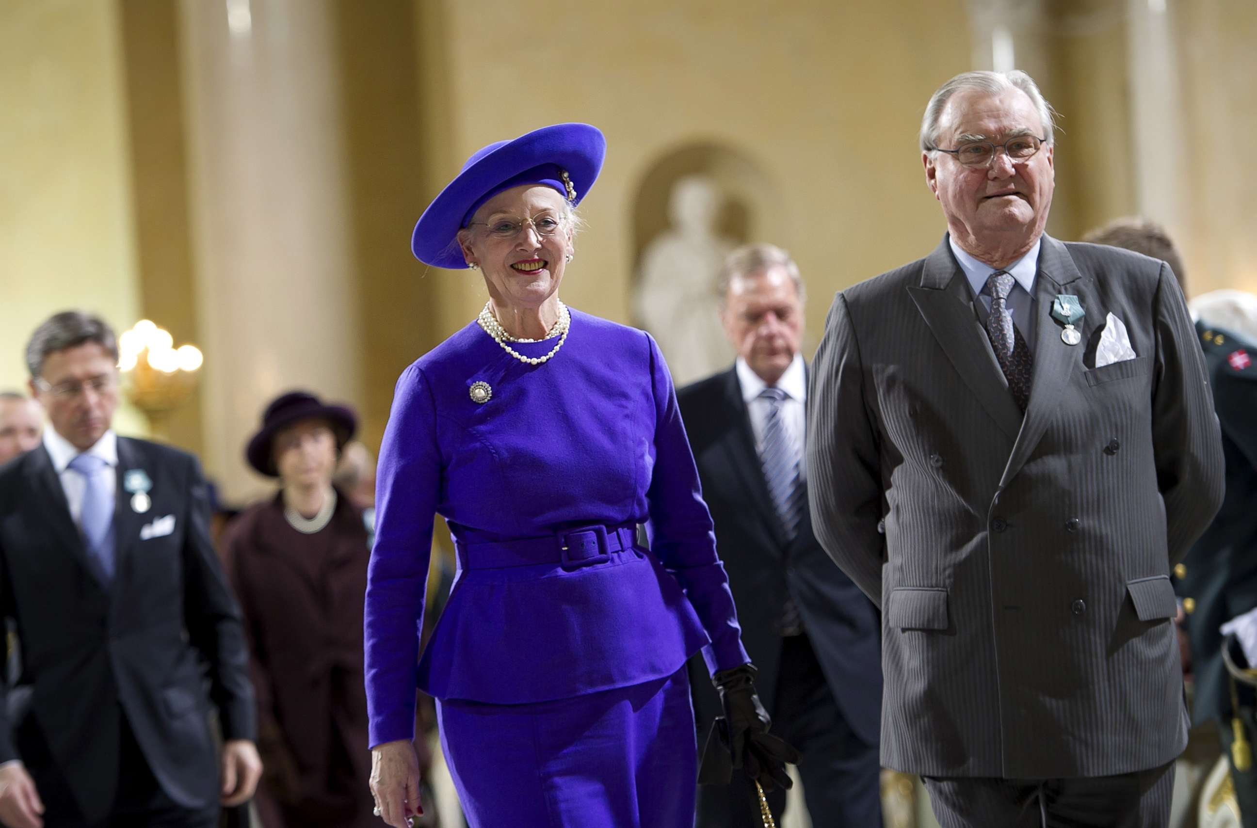 PHOTO: Danish Queen Margrethe and Prince Consort Henrik arrive for the commemoration service in the church in Christiansborg Castle, Copenhagen on the occasion of Danish Queen Margrethe's 40th jubilee in this Jan. 15, 2012 file photo.