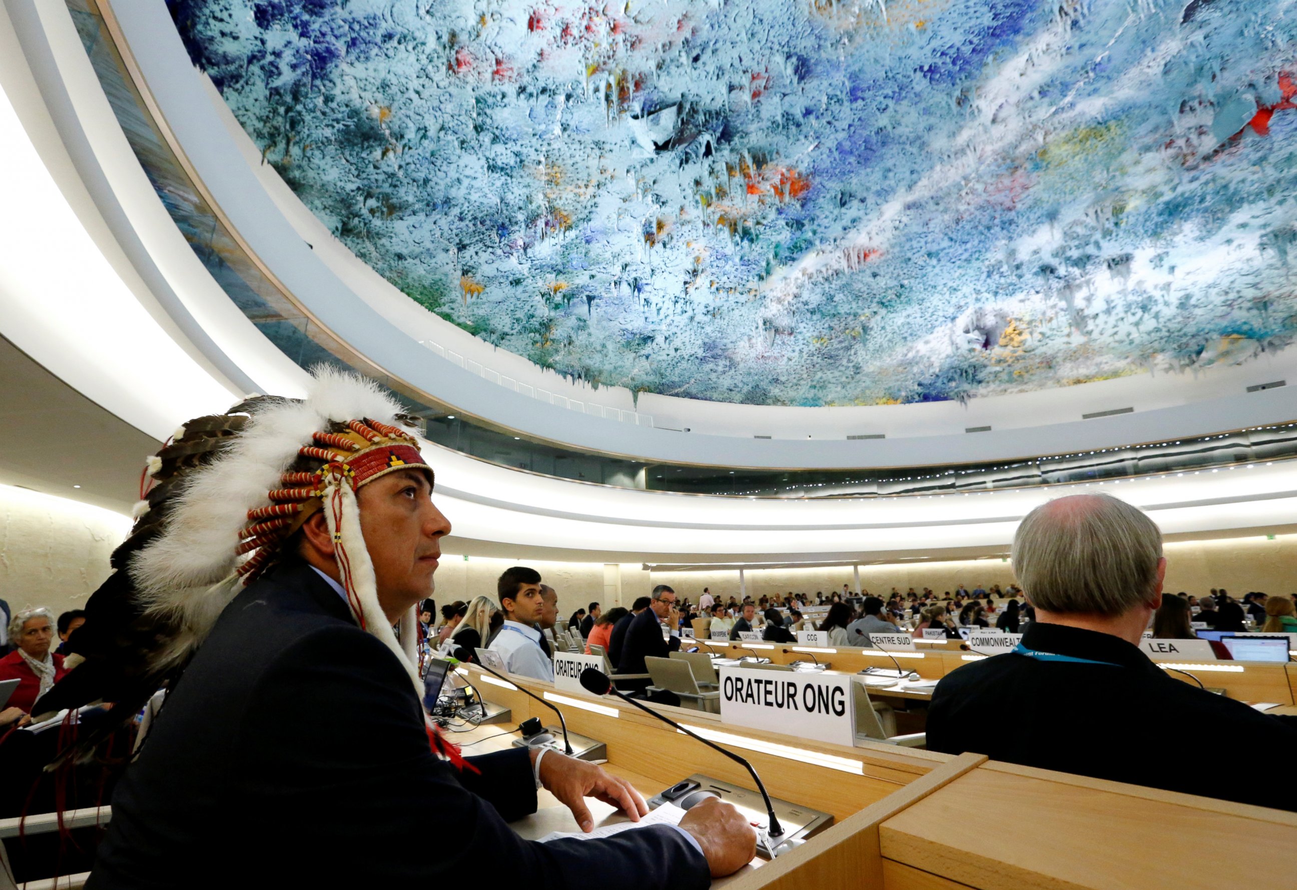 PHOTO: Dave Archambault II, chairman of the Standing Rock Sioux tribe, waits to give his speech against the Energy Transfer Partners' Dakota Access oil pipeline during the Human Rights Council at the United Nations in Geneva, Sept. 20, 2016. 